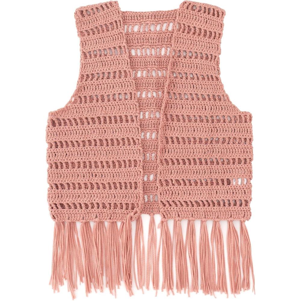 imageNoomelfish Girls Crochet Fringe Vest Kids Boho Tassels Cardigan Western Cowgirl Outfit 512 YearsPink