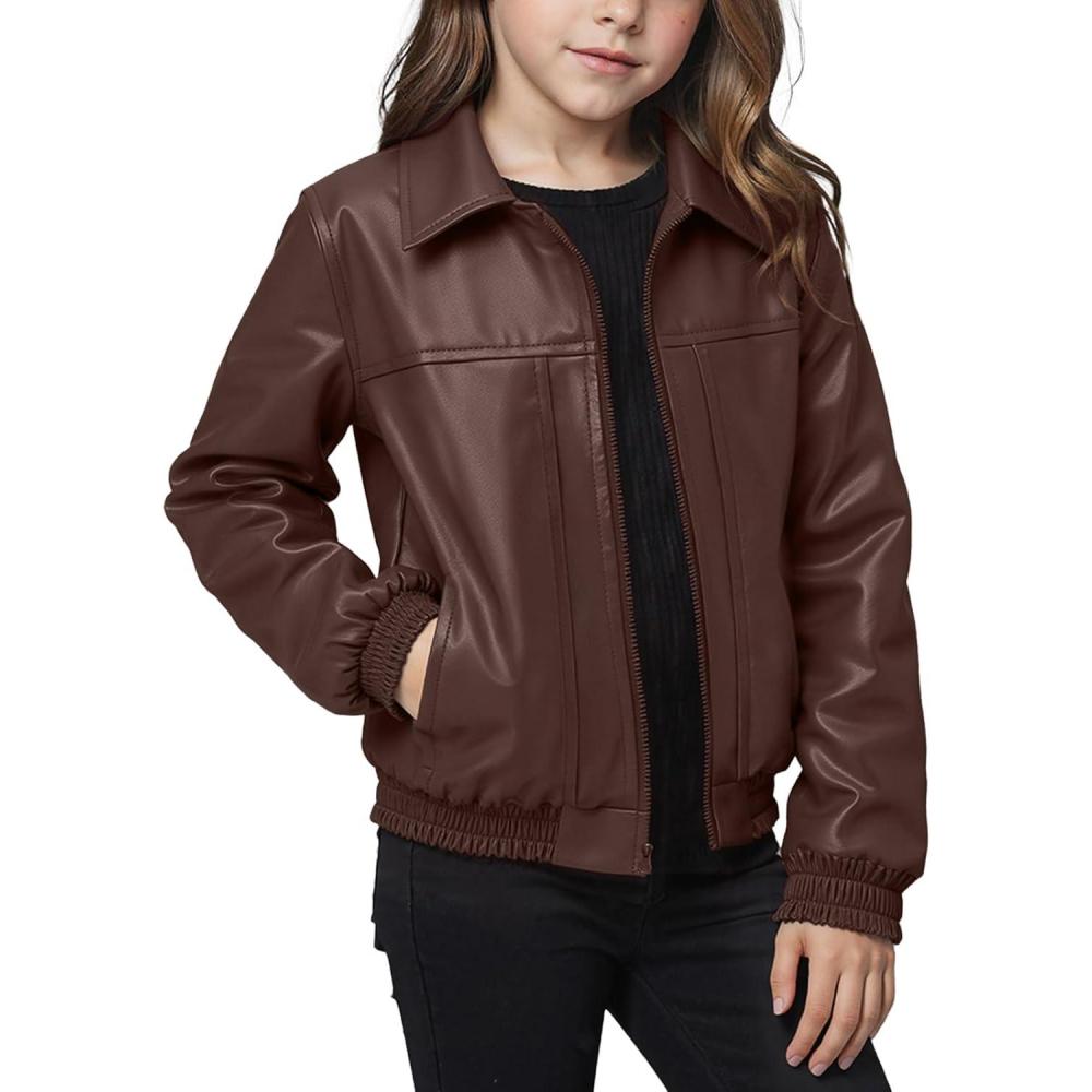 imageNoomelfish Girls Faux Leather Jackets Kids Motorcycle Bomber Coats Fall Outfits Winter Clothes514 YearsDark Brown