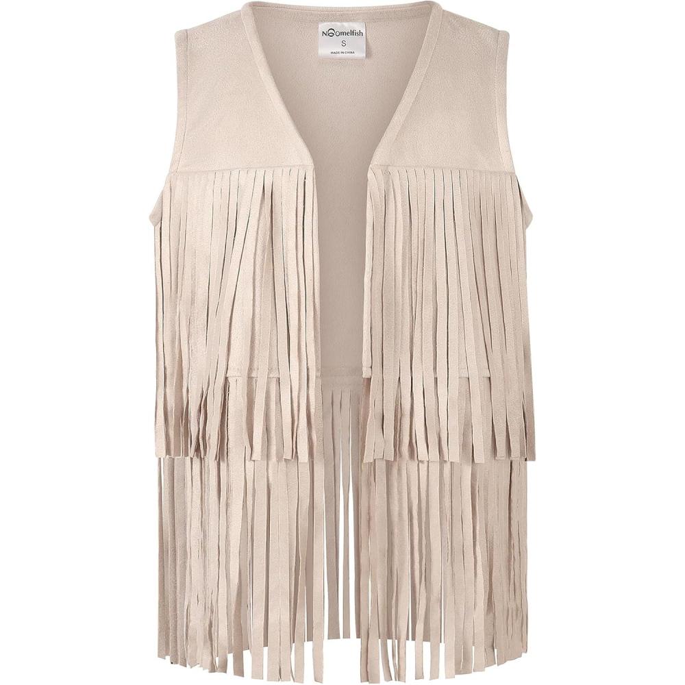 imageNoomelfish Girls Faux Suede Fringe Vest Sleeveless Boho Tassels Jacket Cardigan 512 YearsBeige
