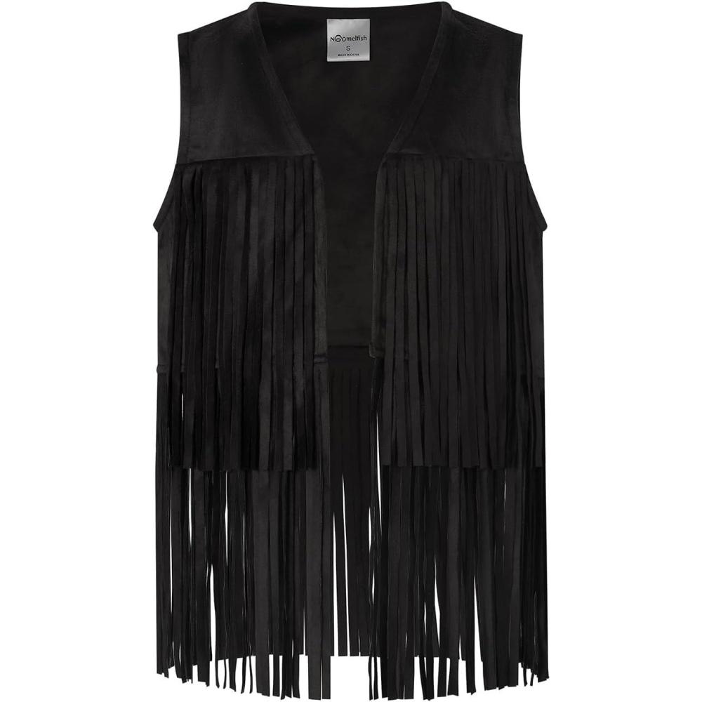 imageNoomelfish Girls Faux Suede Fringe Vest Sleeveless Boho Tassels Jacket Cardigan 512 YearsBlack