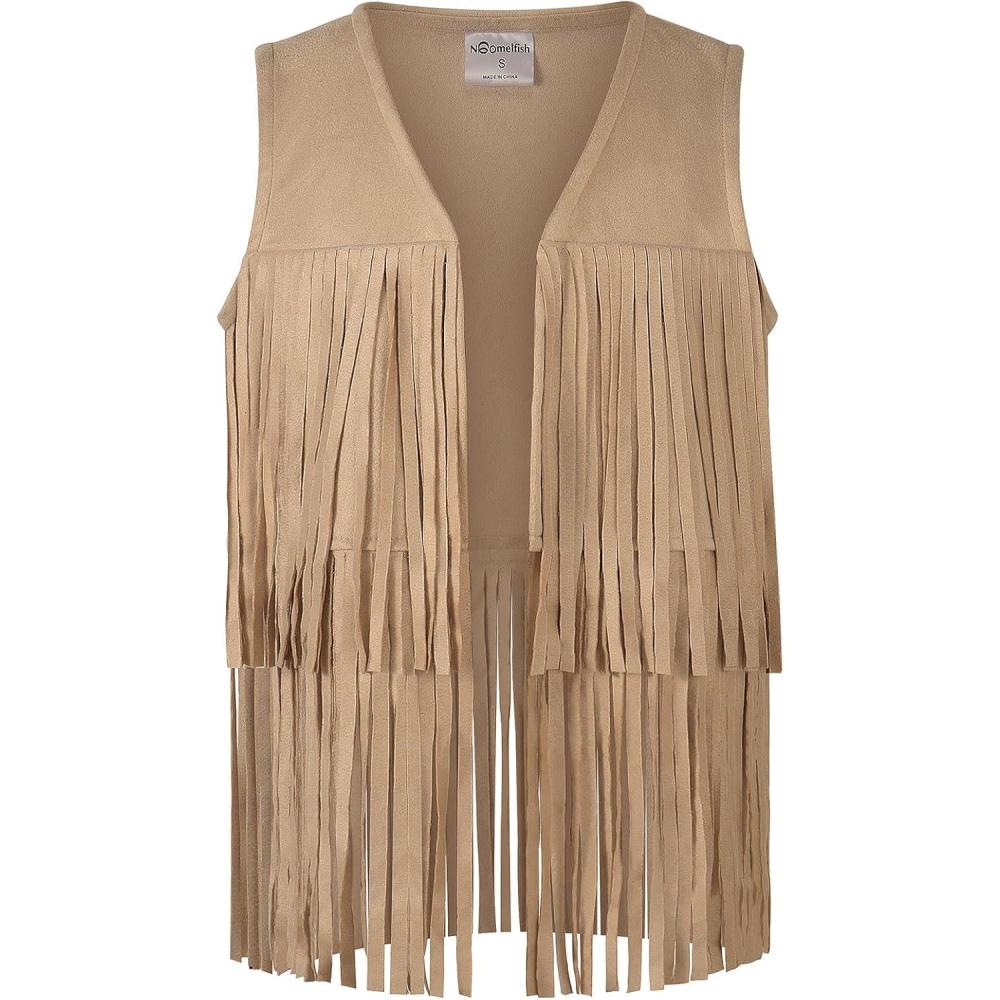 imageNoomelfish Girls Faux Suede Fringe Vest Sleeveless Boho Tassels Jacket Cardigan 512 YearsKhaki