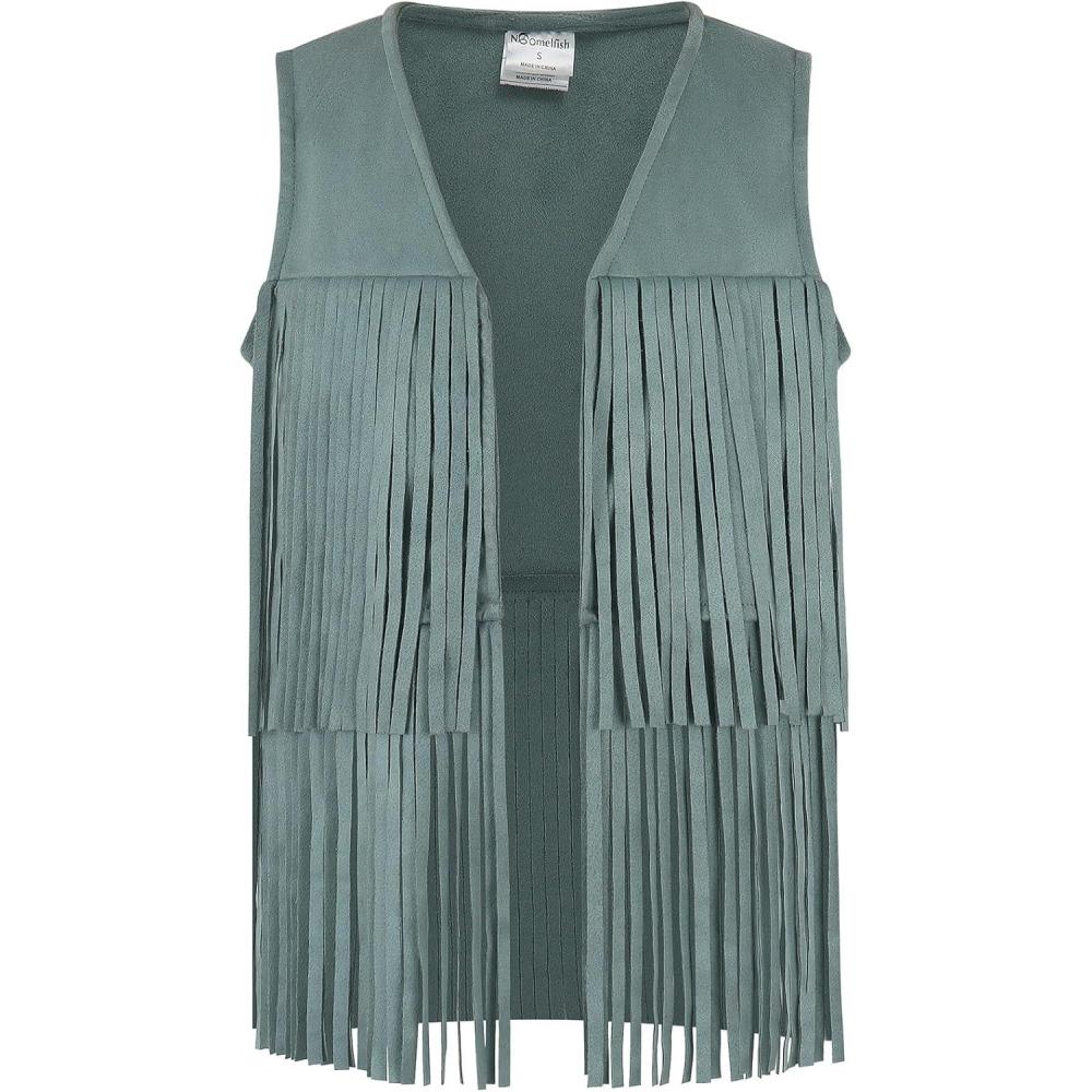 imageNoomelfish Girls Faux Suede Fringe Vest Sleeveless Boho Tassels Jacket Cardigan 512 YearsTeal Blue