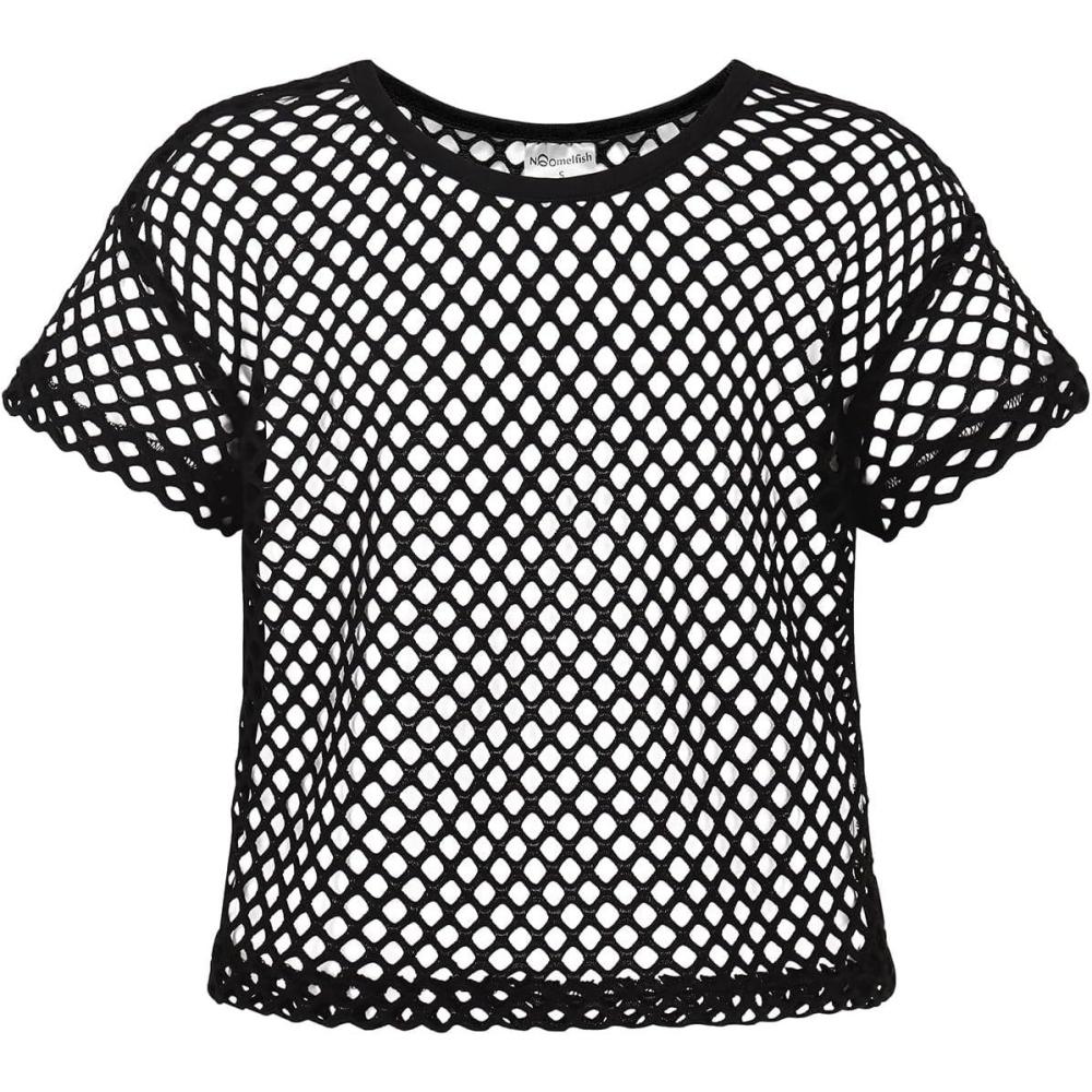 imageNoomelfish Girls Fishnet Crochet Crop Tops Kids Short Sleeve Mesh Dance TShirts Blouse512 YearsBlack