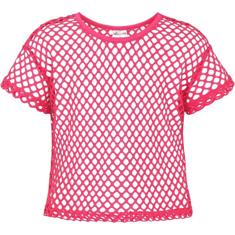 imageNoomelfish Girls Fishnet Crochet Crop Tops Kids Short Sleeve Mesh Dance TShirts Blouse512 YearsHot Pink