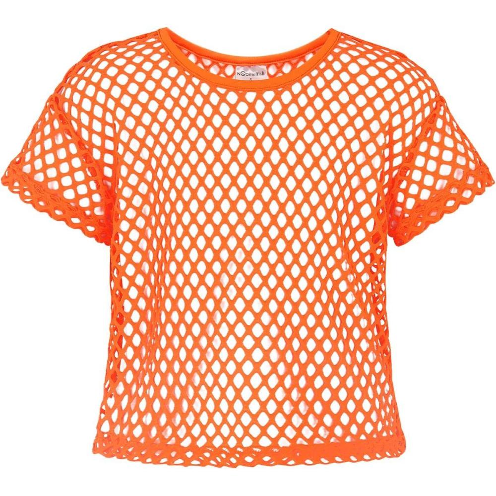 imageNoomelfish Girls Fishnet Crochet Crop Tops Kids Short Sleeve Mesh Dance TShirts Blouse512 YearsNeonorange