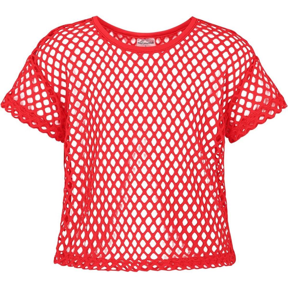 imageNoomelfish Girls Fishnet Crochet Crop Tops Kids Short Sleeve Mesh Dance TShirts Blouse512 YearsRed