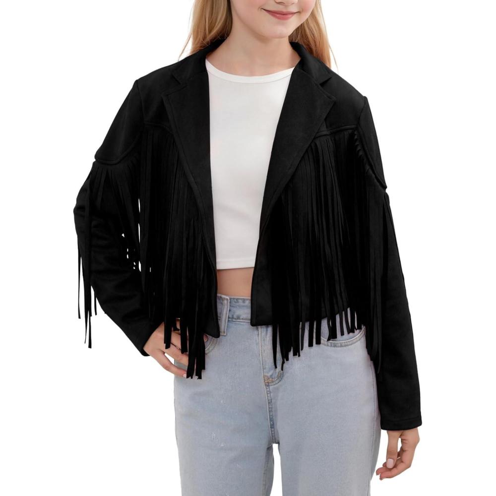 imageNoomelfish Girls Fringe Faux Suede Leather Jackets Kids Western Tassels Motorcycle Cardigan Cropped Coats 514 YearsBlack