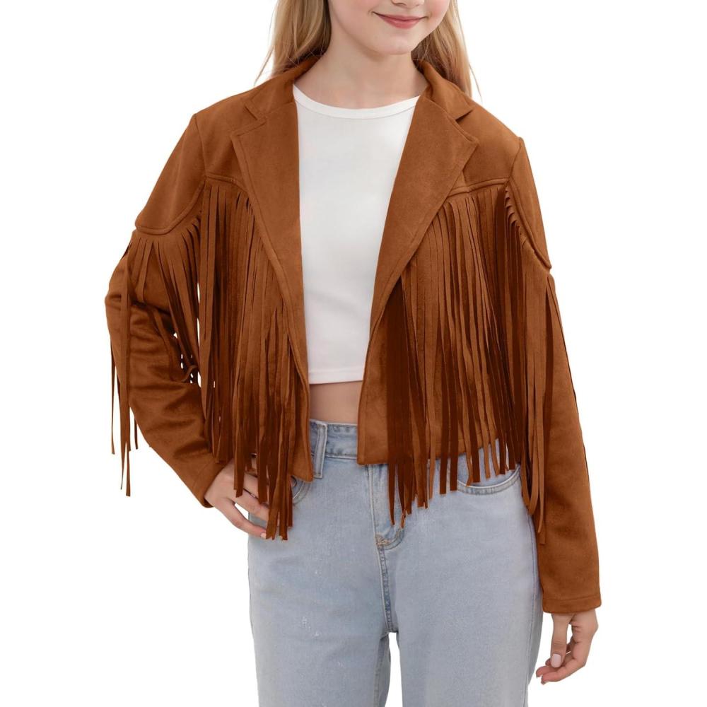 imageNoomelfish Girls Fringe Faux Suede Leather Jackets Kids Western Tassels Motorcycle Cardigan Cropped Coats 514 YearsBrown