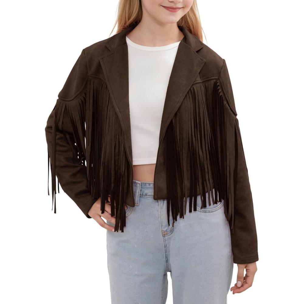 imageNoomelfish Girls Fringe Faux Suede Leather Jackets Kids Western Tassels Motorcycle Cardigan Cropped Coats 514 YearsCoffee Brown