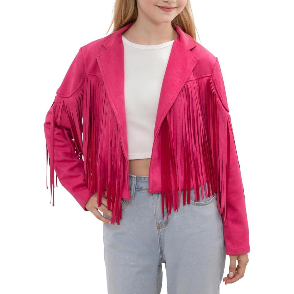 imageNoomelfish Girls Fringe Faux Suede Leather Jackets Kids Western Tassels Motorcycle Cardigan Cropped Coats 514 YearsHot Pink