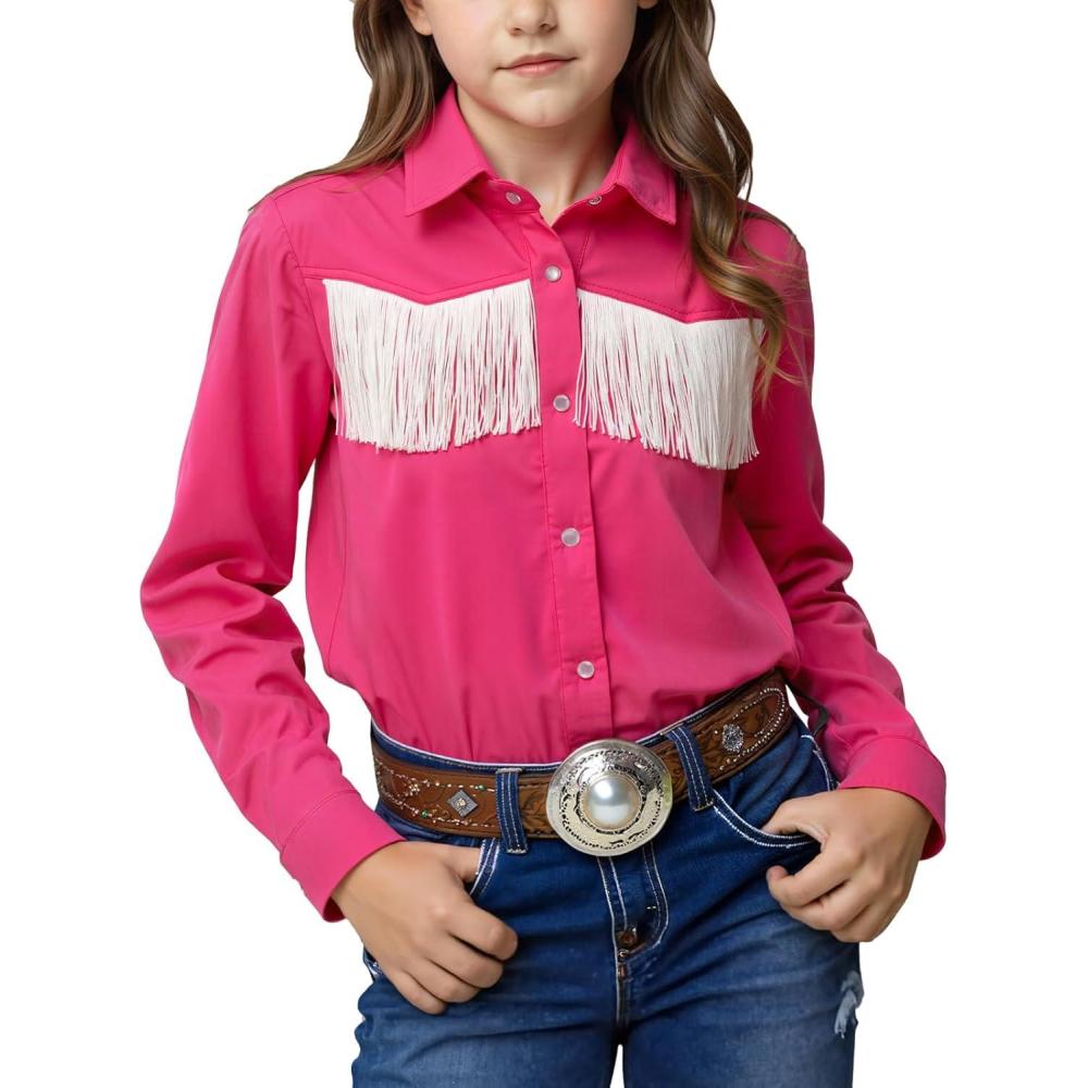 imageNoomelfish Girls Fringe Snap Button Down Western Shirt Cowgirl Long Sleeve Blouse Tops 512 YearsHot Pink