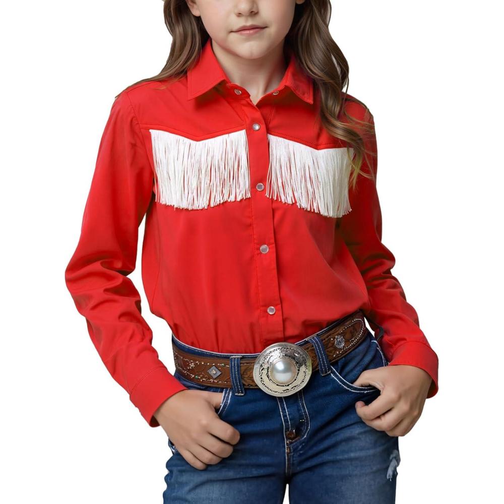 imageNoomelfish Girls Fringe Snap Button Down Western Shirt Cowgirl Long Sleeve Blouse Tops 512 YearsRed