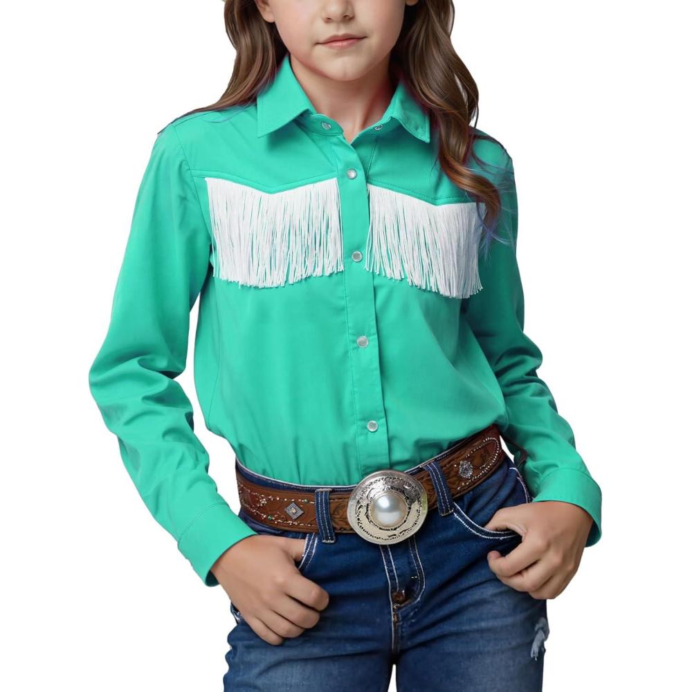 imageNoomelfish Girls Fringe Snap Button Down Western Shirt Cowgirl Long Sleeve Blouse Tops 512 YearsTeal Blue