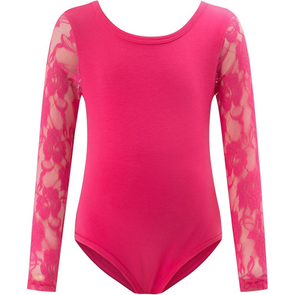 imageNoomelfish Girls Lace Long Sleeve Dance Leotard Toddler Mesh Ballet Bodysuit Gymnastics Outfits 412 YearsHot Pink