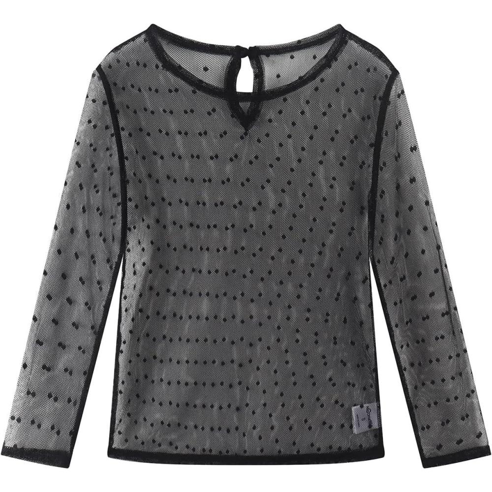 imageNoomelfish Girls Lace Long Sleeve Layering Tops Sheer Mesh Tee Shirts Blouse 512 YearsDot Black
