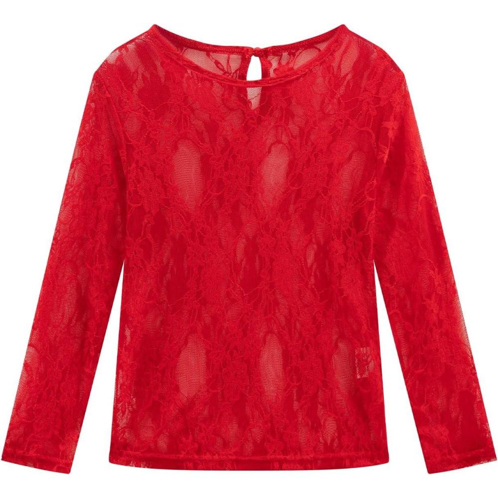 imageNoomelfish Girls Lace Long Sleeve Layering Tops Sheer Mesh Tee Shirts Blouse 512 YearsFlower Red
