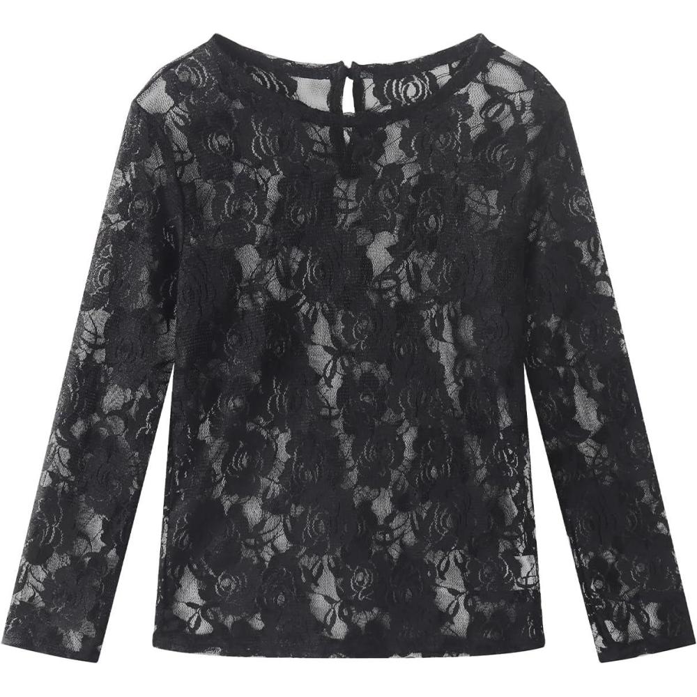 imageNoomelfish Girls Lace Long Sleeve Layering Tops Sheer Mesh Tee Shirts Blouse 512 YearsRose Black