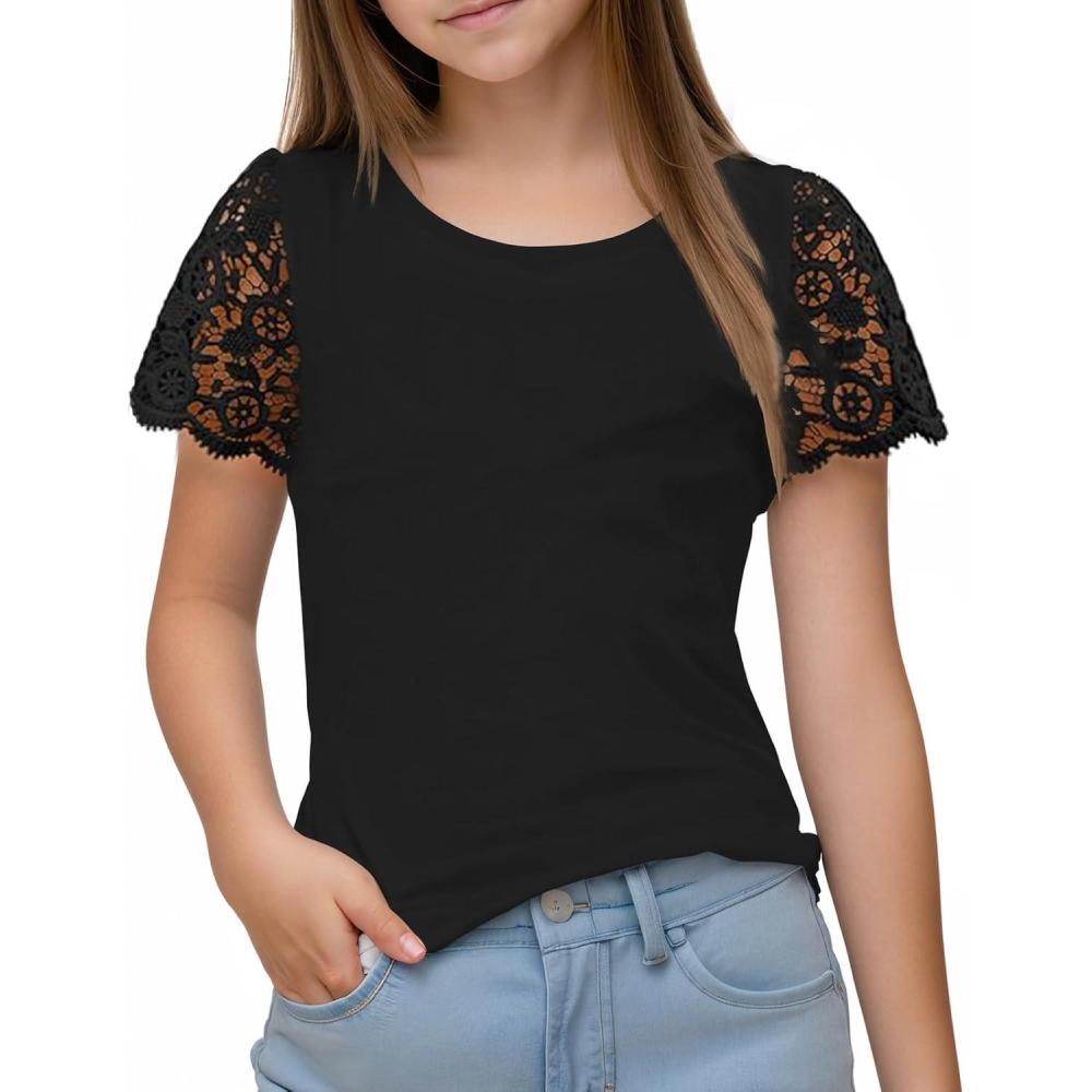 imageNoomelfish Girls Lace Short Sleeve TShirts Kids Summer Cute Tops Blouse512 YearsLfloralblack