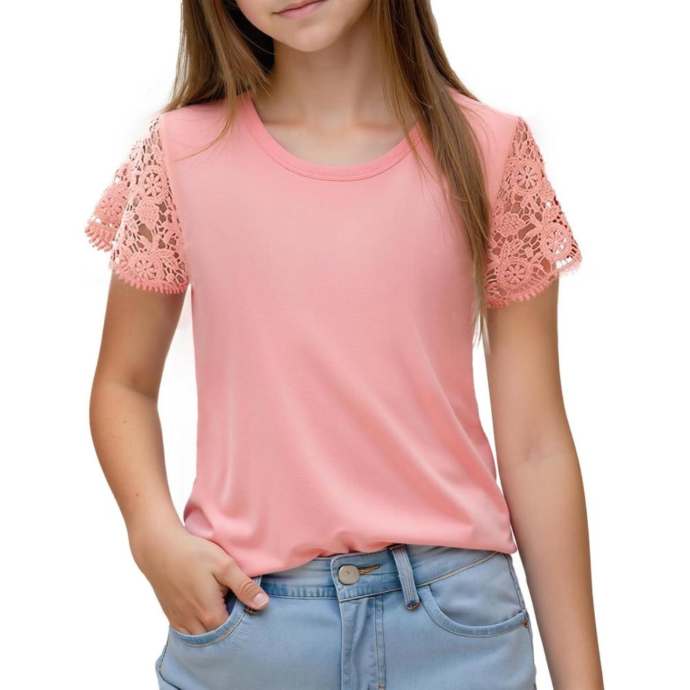 imageNoomelfish Girls Lace Short Sleeve TShirts Kids Summer Cute Tops Blouse512 YearsLfloralcoral