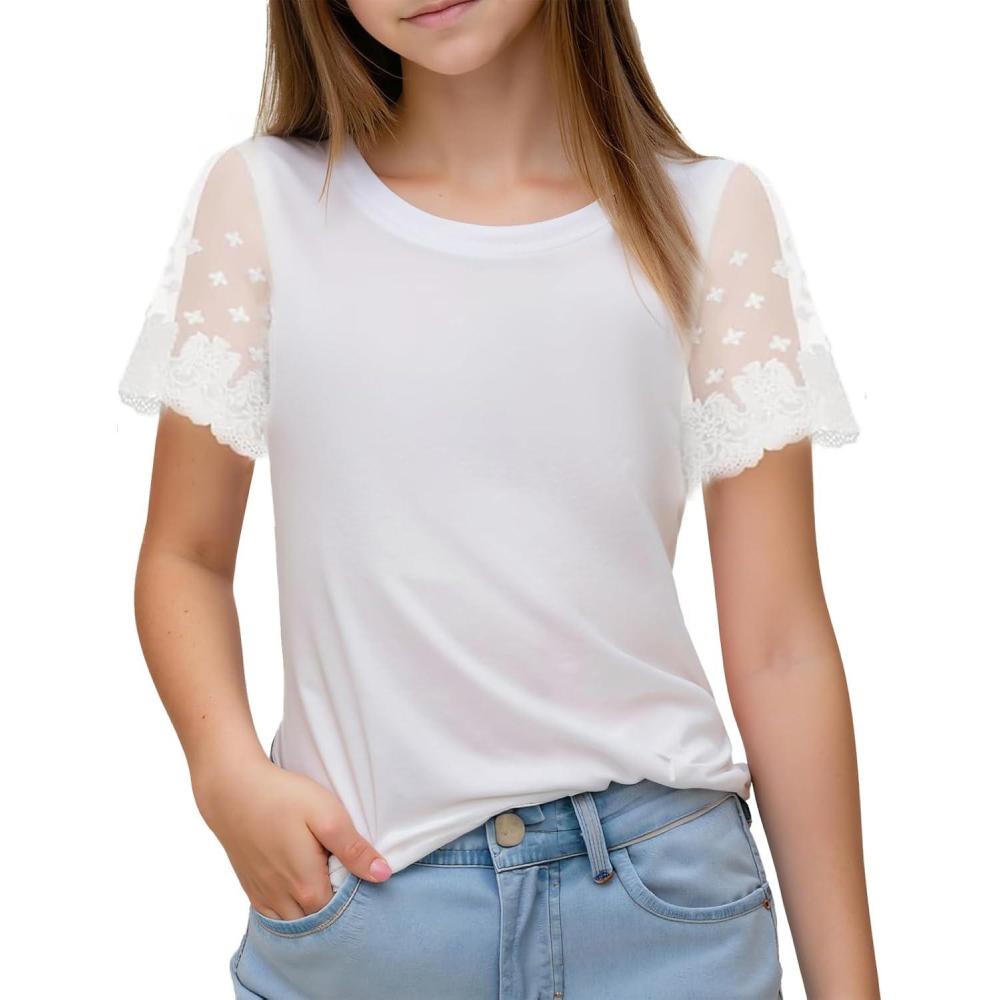 imageNoomelfish Girls Lace Short Sleeve TShirts Kids Summer Cute Tops Blouse512 YearsSfloralwhite