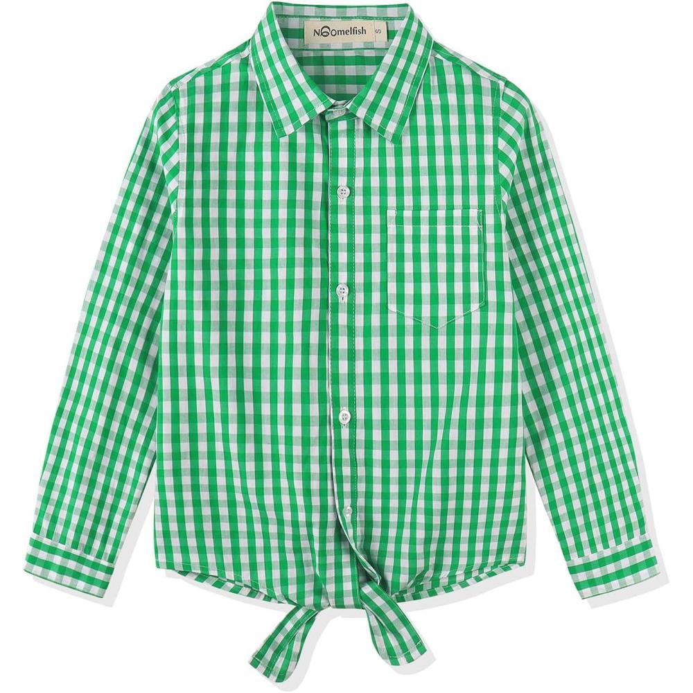 imageNoomelfish Girls Long Sleeve Button Down Shirt Tie Front Blouse Tops 514 YearsGreen Gingham