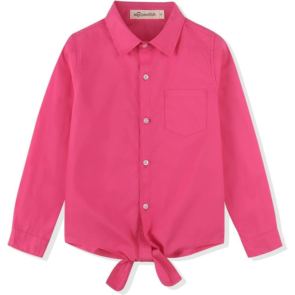 imageNoomelfish Girls Long Sleeve Button Down Shirt Tie Front Blouse Tops 514 YearsHot Pink