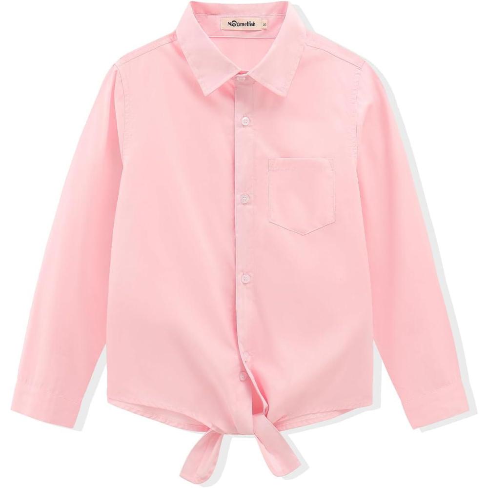 imageNoomelfish Girls Long Sleeve Button Down Shirt Tie Front Blouse Tops 514 YearsLight Pink