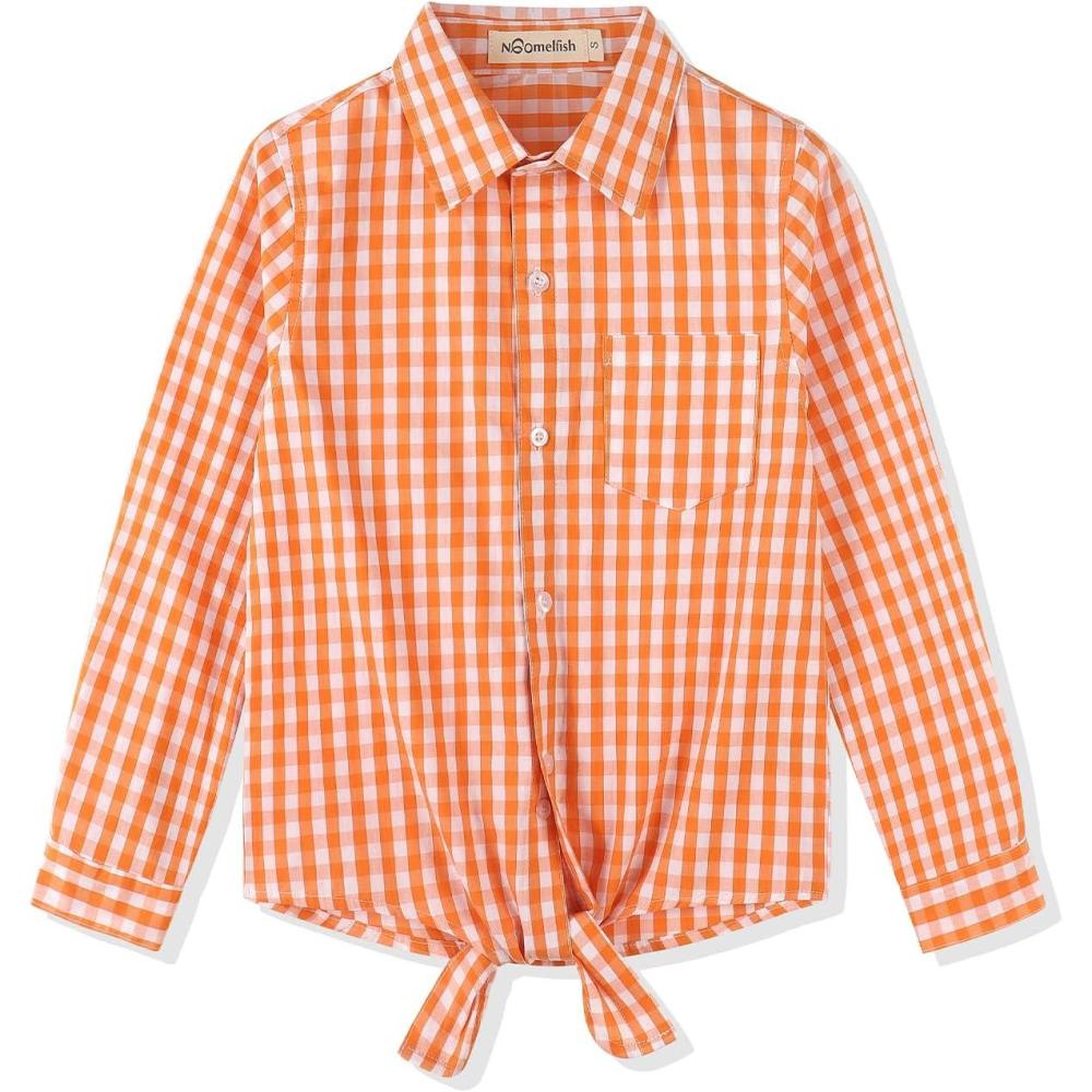 imageNoomelfish Girls Long Sleeve Button Down Shirt Tie Front Blouse Tops 514 YearsOrange Gingham