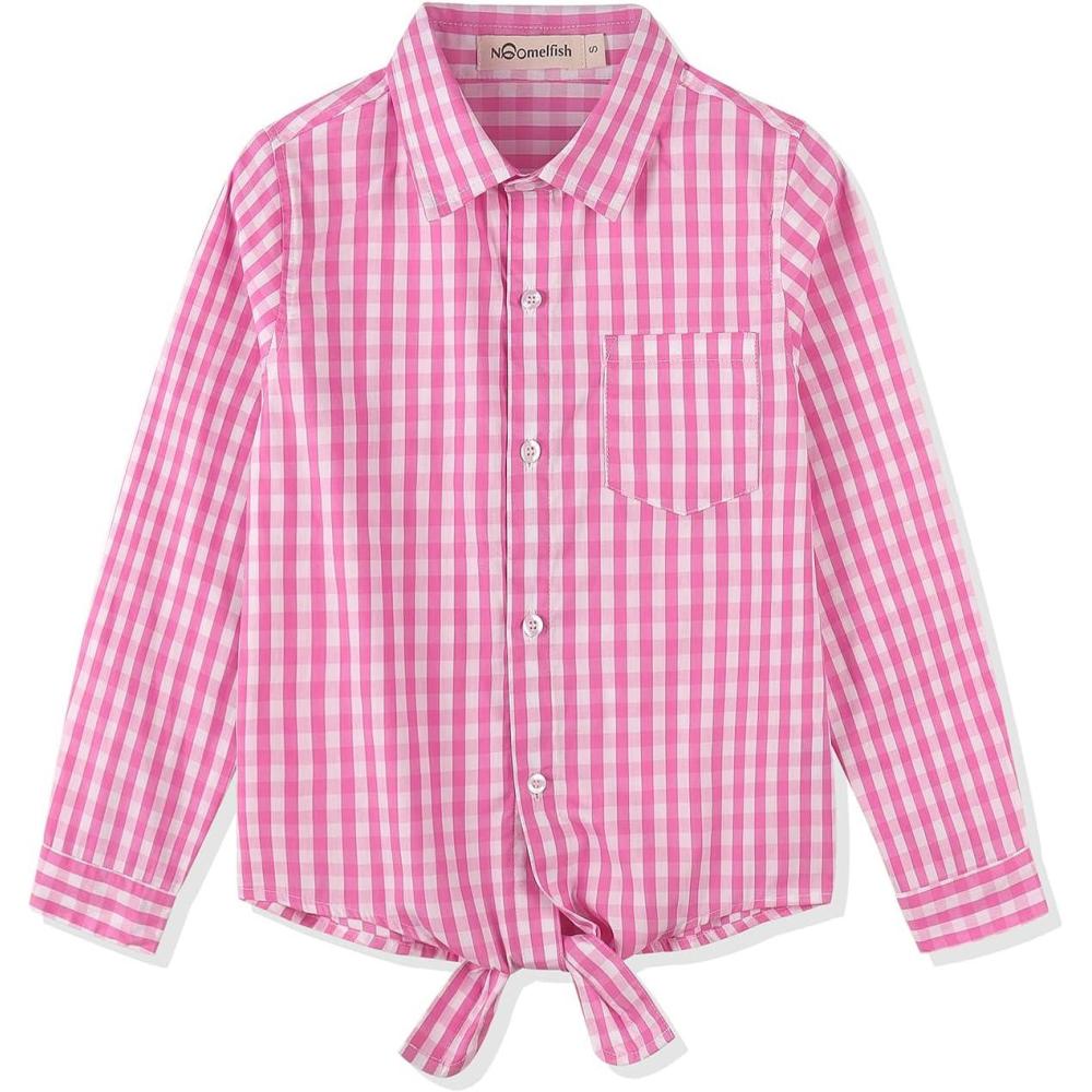 imageNoomelfish Girls Long Sleeve Button Down Shirt Tie Front Blouse Tops 514 YearsPink Gingham
