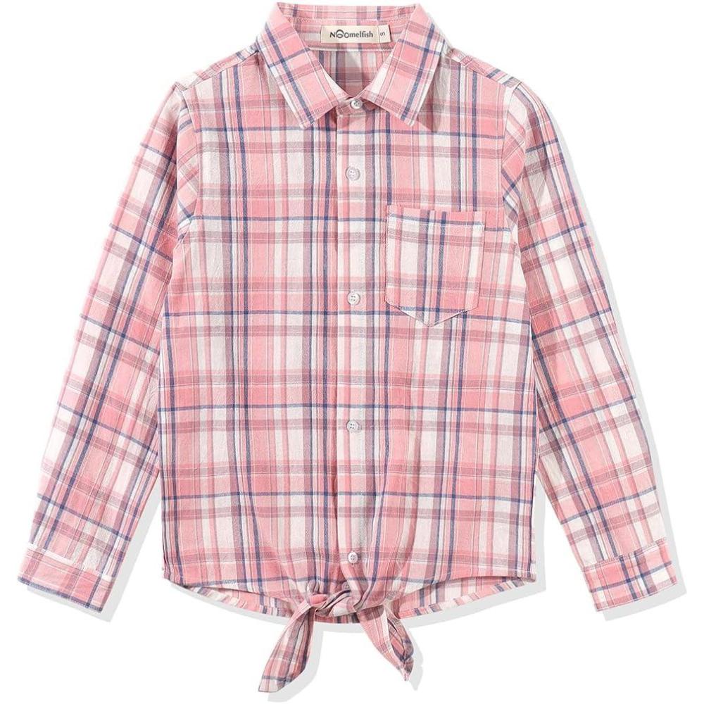 imageNoomelfish Girls Long Sleeve Button Down Shirt Tie Front Blouse Tops 514 YearsPink Plaid