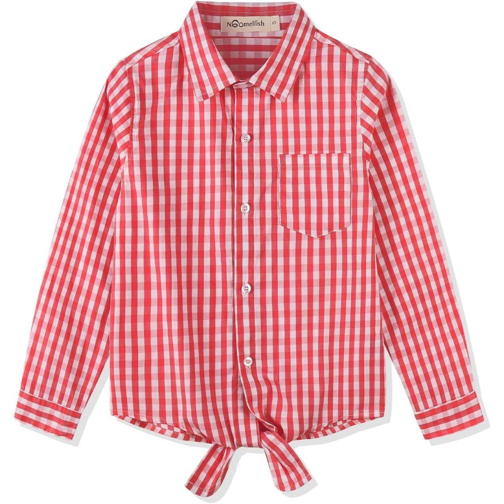 imageNoomelfish Girls Long Sleeve Button Down Shirt Tie Front Blouse Tops 514 YearsRed Gingham