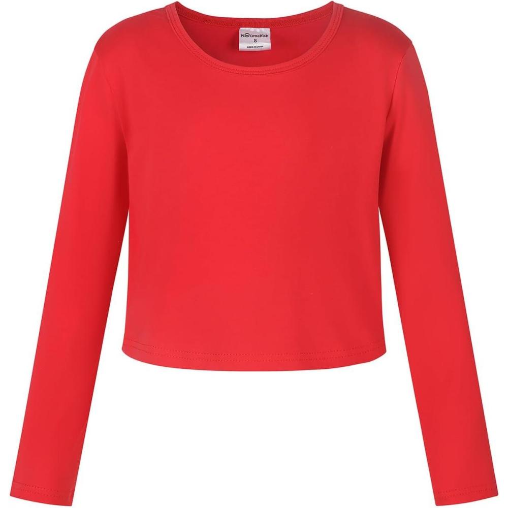 imageNoomelfish Girls Long Sleeve Crop Tops Kids Cute Dance Cropped TShirts 514 Years 512 YearsRed