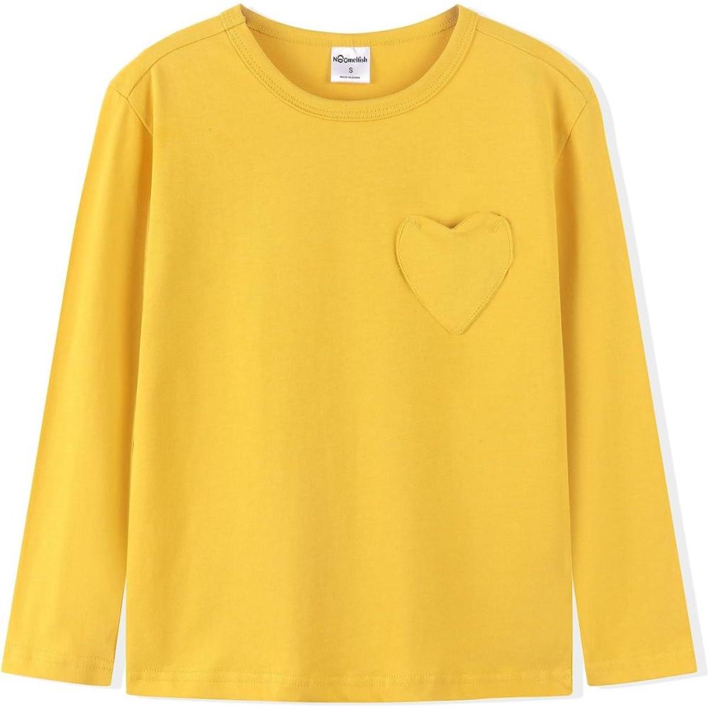 imageNoomelfish Girls Long Sleeve Heart Pocket TShirts Casual Cotton Tee Tops Blouse 512 YearsGold Yellow