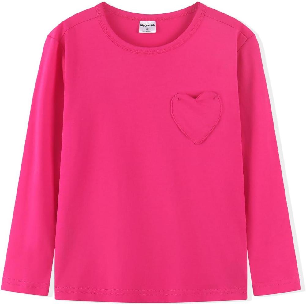 imageNoomelfish Girls Long Sleeve Heart Pocket TShirts Casual Cotton Tee Tops Blouse 512 YearsHot Pink