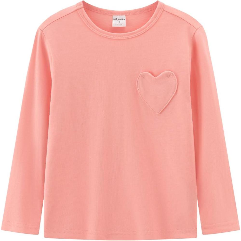 imageNoomelfish Girls Long Sleeve Heart Pocket TShirts Casual Cotton Tee Tops Blouse 512 YearsPink