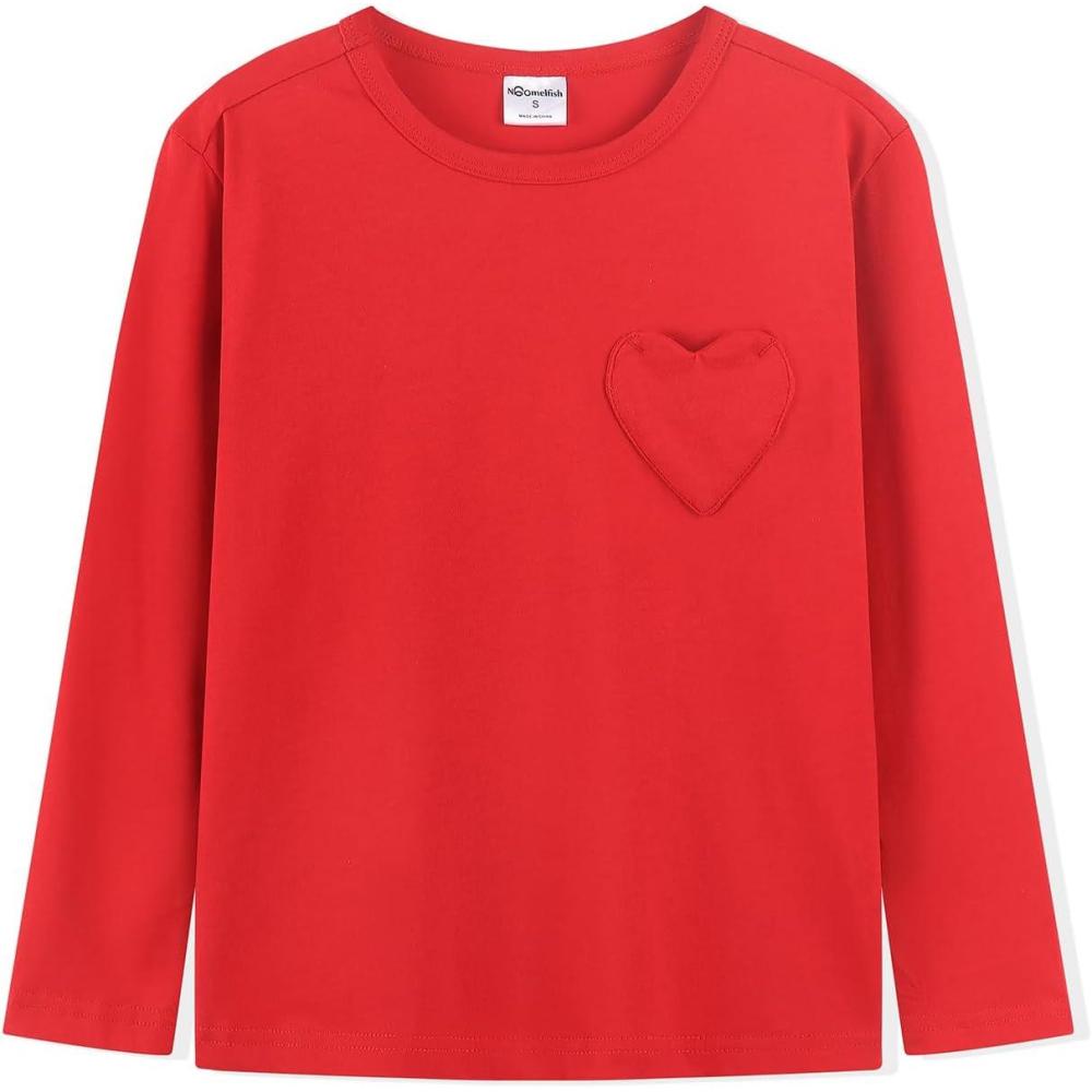 imageNoomelfish Girls Long Sleeve Heart Pocket TShirts Casual Cotton Tee Tops Blouse 512 YearsRed