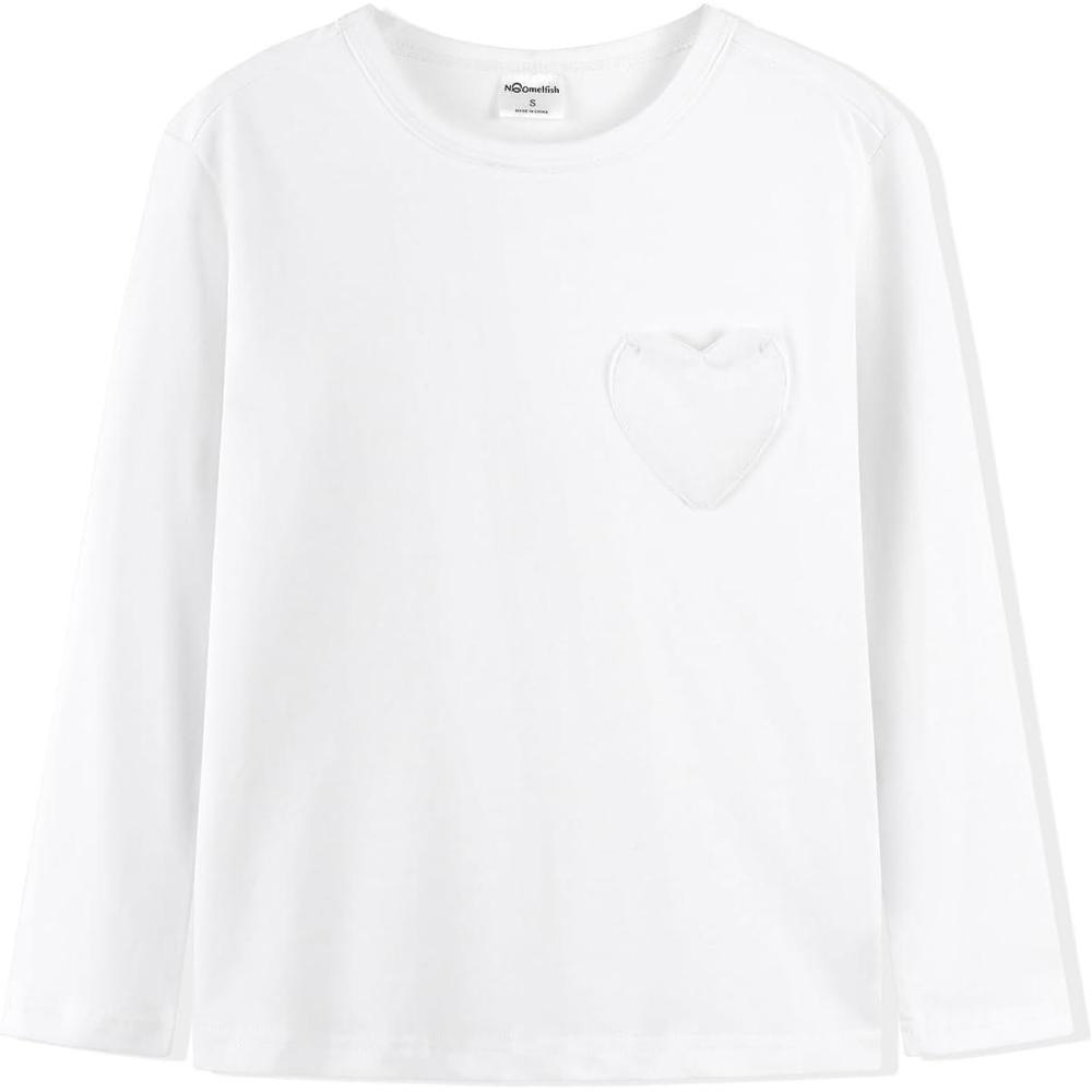 imageNoomelfish Girls Long Sleeve Heart Pocket TShirts Casual Cotton Tee Tops Blouse 512 YearsWhite