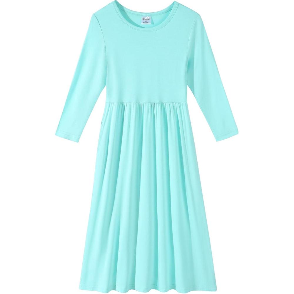 imageNoomelfish Girls Long Sleeve Maxi Dress Solid Color Casual Long Dresses with Pockets 412 YearsBlue