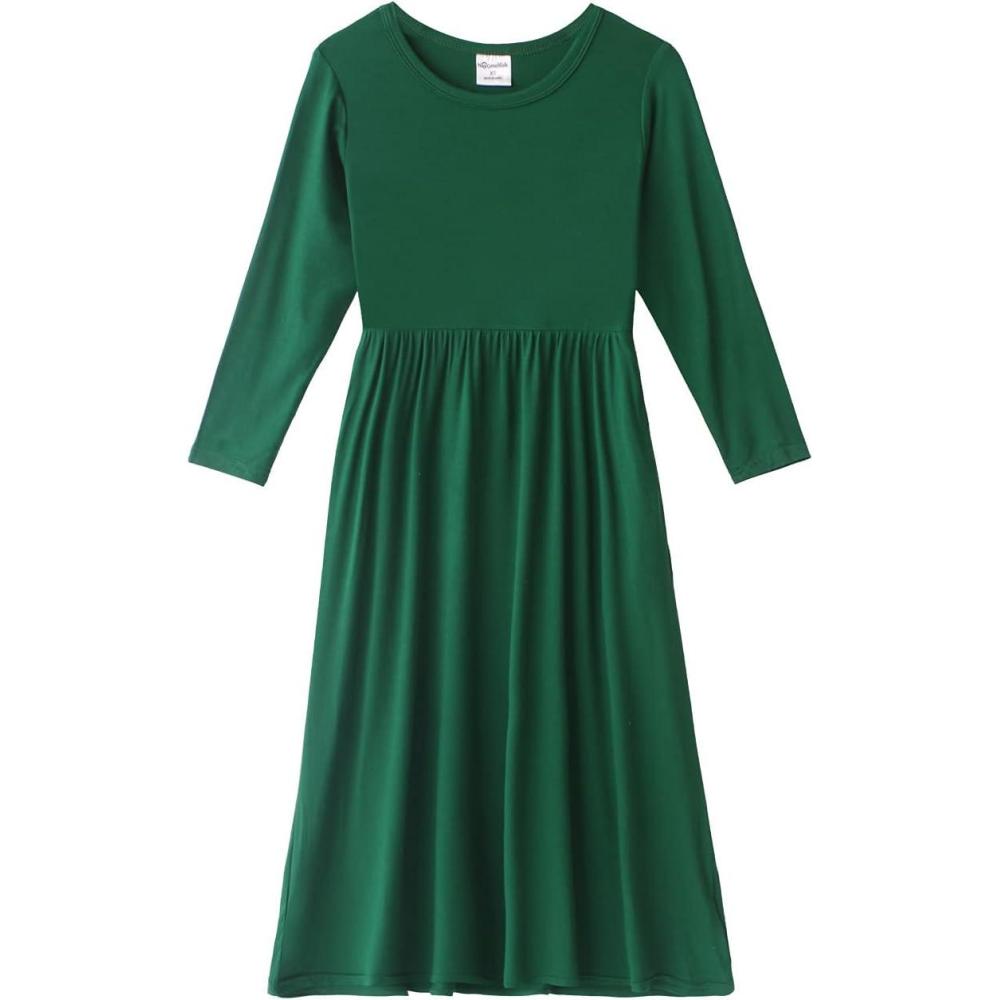 imageNoomelfish Girls Long Sleeve Maxi Dress Solid Color Casual Long Dresses with Pockets 412 YearsDark Green