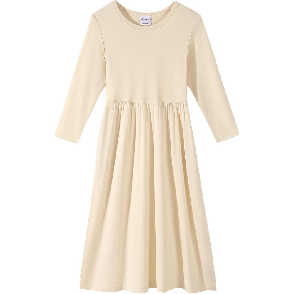 imageNoomelfish Girls Long Sleeve Maxi Dress Solid Color Casual Long Dresses with Pockets 412 YearsKhaki