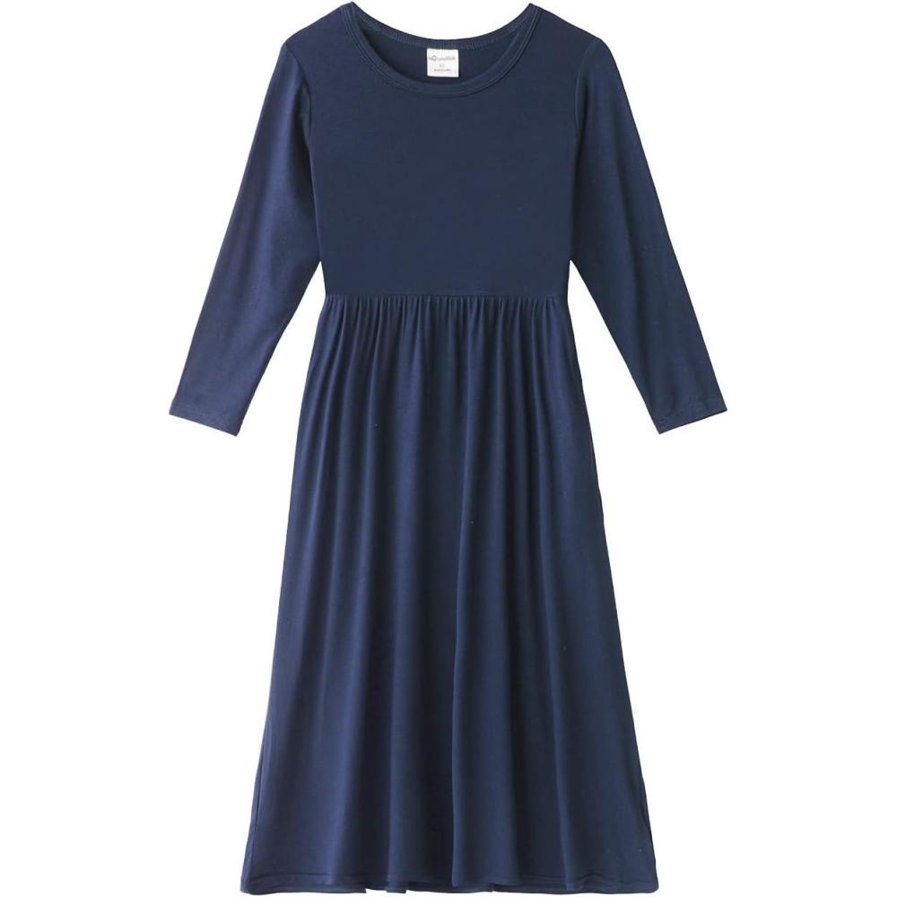 imageNoomelfish Girls Long Sleeve Maxi Dress Solid Color Casual Long Dresses with Pockets 412 YearsNavy Blue