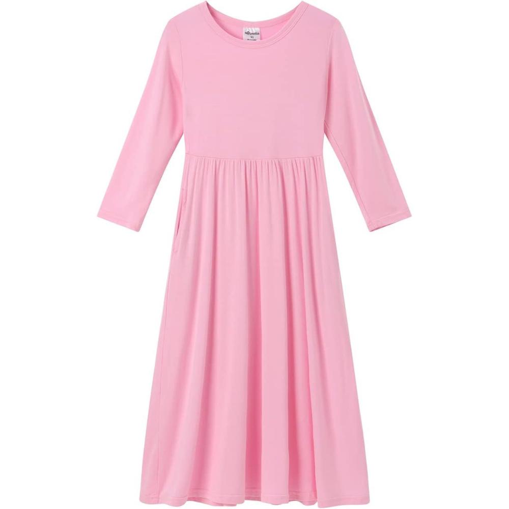 imageNoomelfish Girls Long Sleeve Maxi Dress Solid Color Casual Long Dresses with Pockets 412 YearsPink