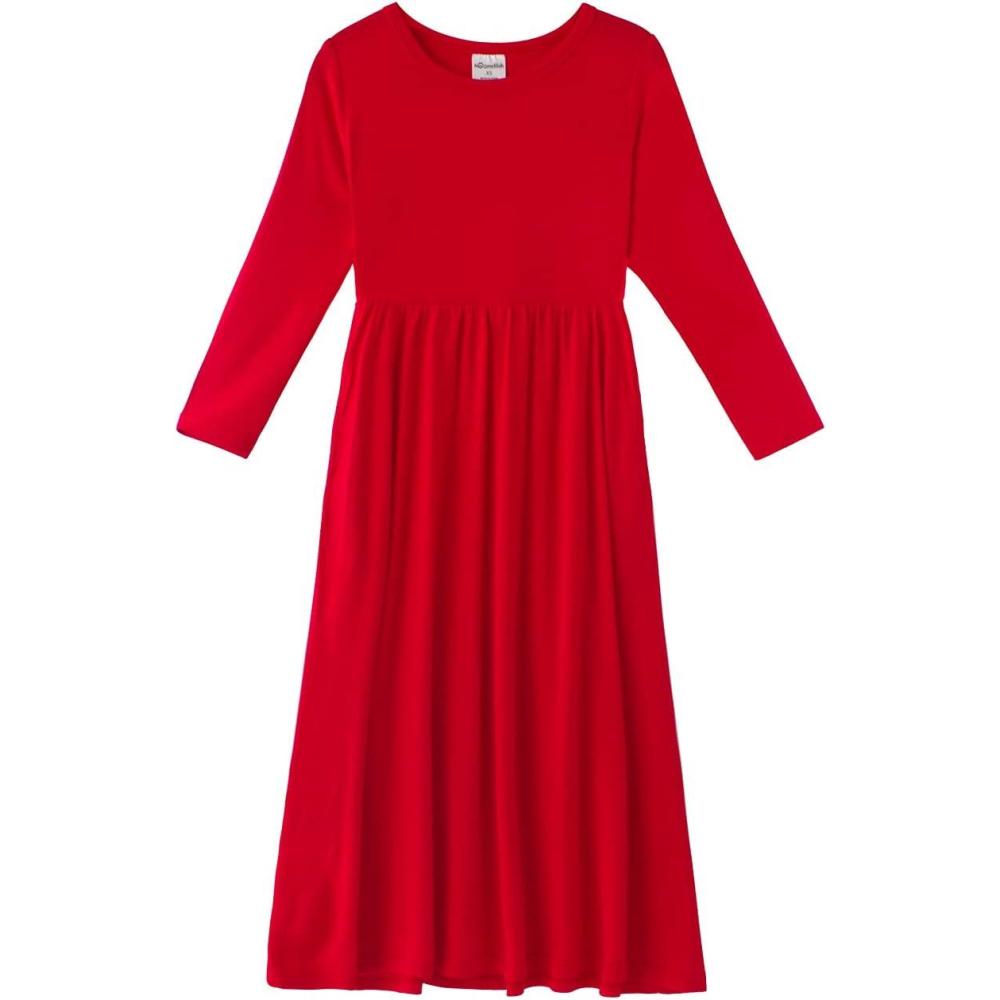 imageNoomelfish Girls Long Sleeve Maxi Dress Solid Color Casual Long Dresses with Pockets 412 YearsRed