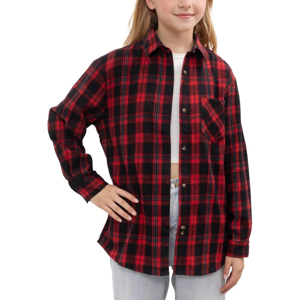 imageNoomelfish Girls Plaid Flannel Oversized Shirt Teen Long Sleeve Button Down Blouse Tops 714 YearsBlack Red Plaid
