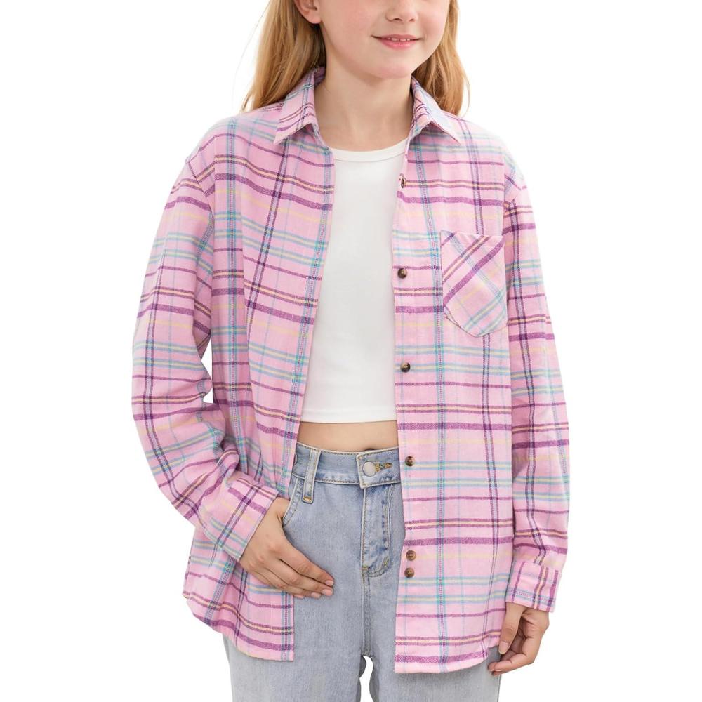 imageNoomelfish Girls Plaid Flannel Oversized Shirt Teen Long Sleeve Button Down Blouse Tops 714 YearsPink Plaid