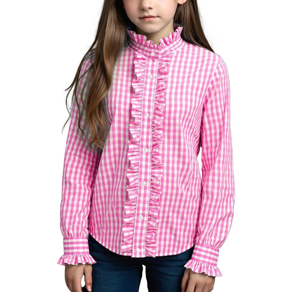 imageNoomelfish Girls Ruffle Button Down Uniform Dress Shirts Kids Plaid Western Long Sleeve Blouse Tops 514 YearsPink Gingham