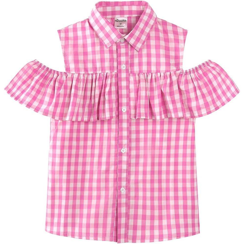 imageNoomelfish Girls Ruffle Cold Shoulder Top Blouse Short Sleeve Button Down Shirts 412 YearsStandard Pink Gingham