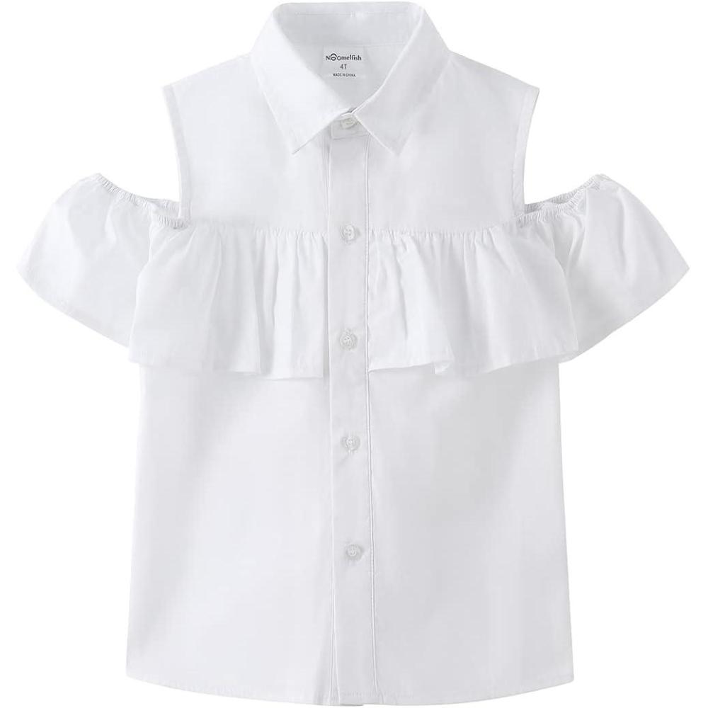 imageNoomelfish Girls Ruffle Cold Shoulder Top Blouse Short Sleeve Button Down Shirts 412 YearsWhite