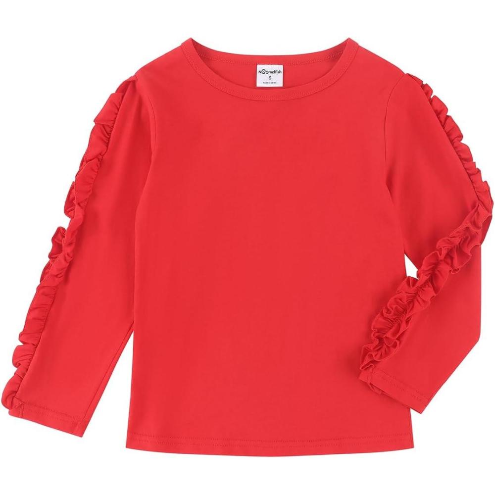imageNoomelfish Girls Ruffle Long Sleeve TShirts Solid Color Tee Tops Blouse Red Size 910 Years