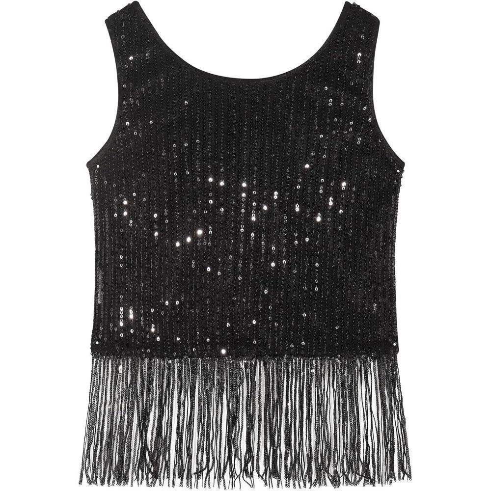 imageNoomelfish Girls Sequin Fringe Crop Tops Tassel Sparkly Glitter Dance Sleeveless Tank Shirt 512 YearsBlack